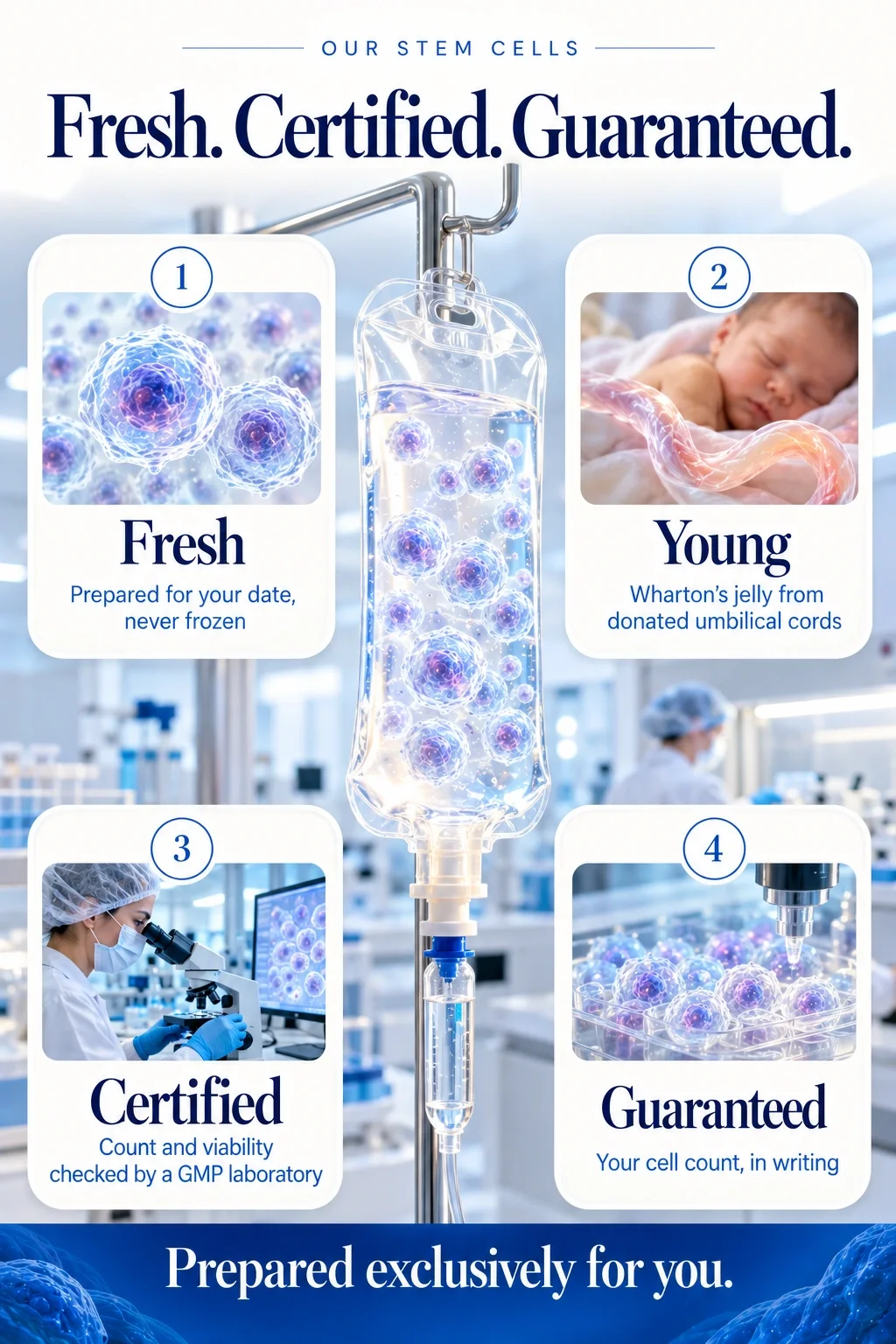 Infographic: Our stem cells. Fresh. Certified. Guaranteed. 1, fresh: prepared for your date, never frozen. 2, young: Wharton’s jelly from donated umbilical cords. 3, certified: count and viability checked by a GMP laboratory. 4, guaranteed: your cell count, in writing. Prepared exclusively for you.