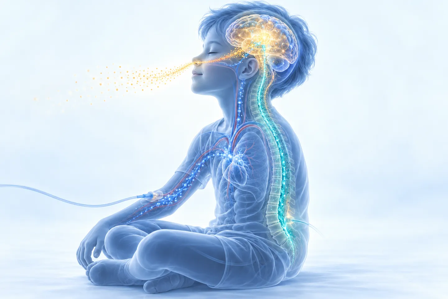 Illustration of a seated child showing the four routes: a golden exosome mist entering the nose towards the brain, a glowing spinal fluid channel along the spine, and an IV line in the arm feeding the bloodstream