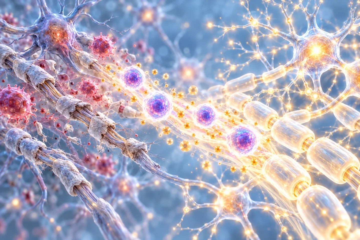 Medical illustration: on the left thin, frayed nerve fibres with damaged myelin and red inflamed immune cells; in the middle a stream of glowing stem cells and golden exosomes; on the right bright, healthy nerve fibres with thick myelin and new connections
