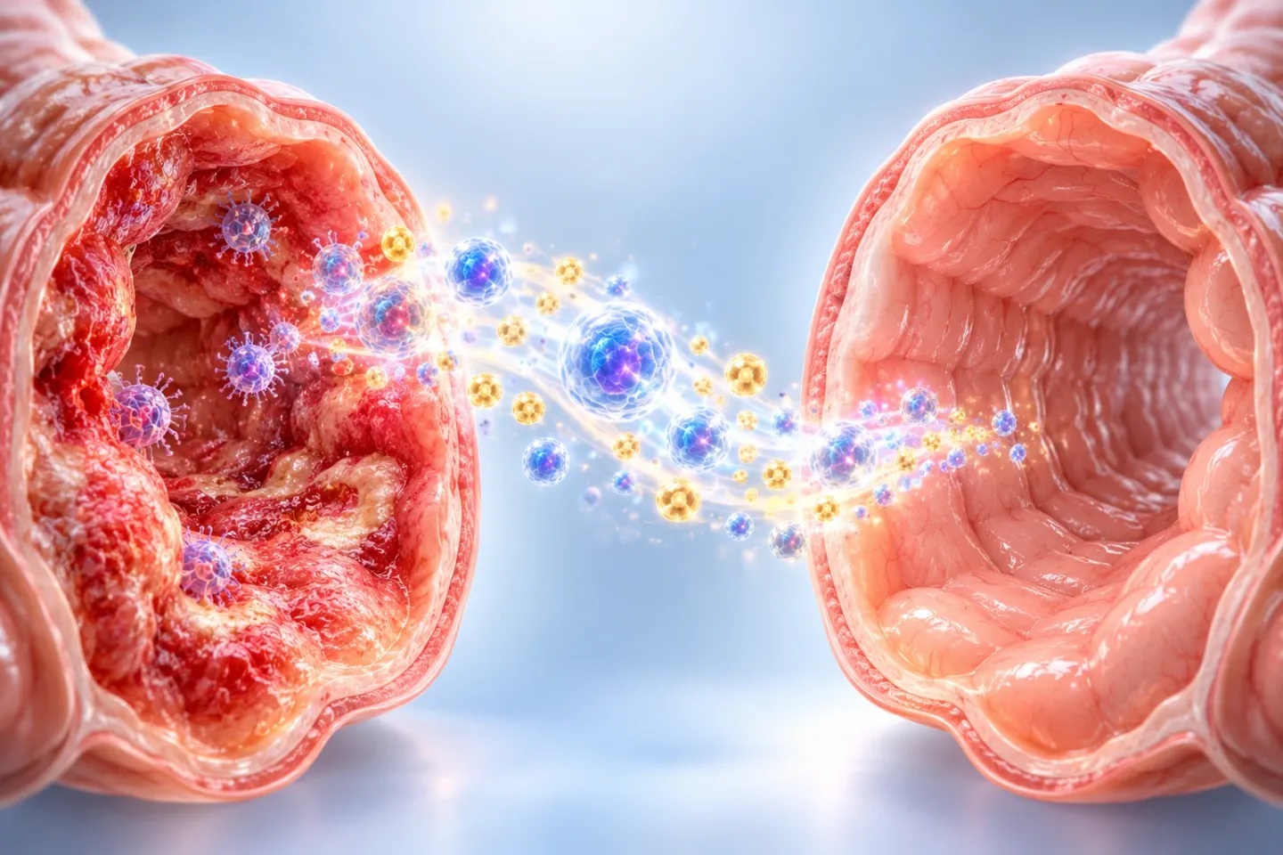Medical illustration of the inside of the bowel: on the left the lining red, swollen and inflamed with immune cells; in the middle a stream of glowing stem cells and golden exosomes; on the right the same lining smooth, calm and healthy pink