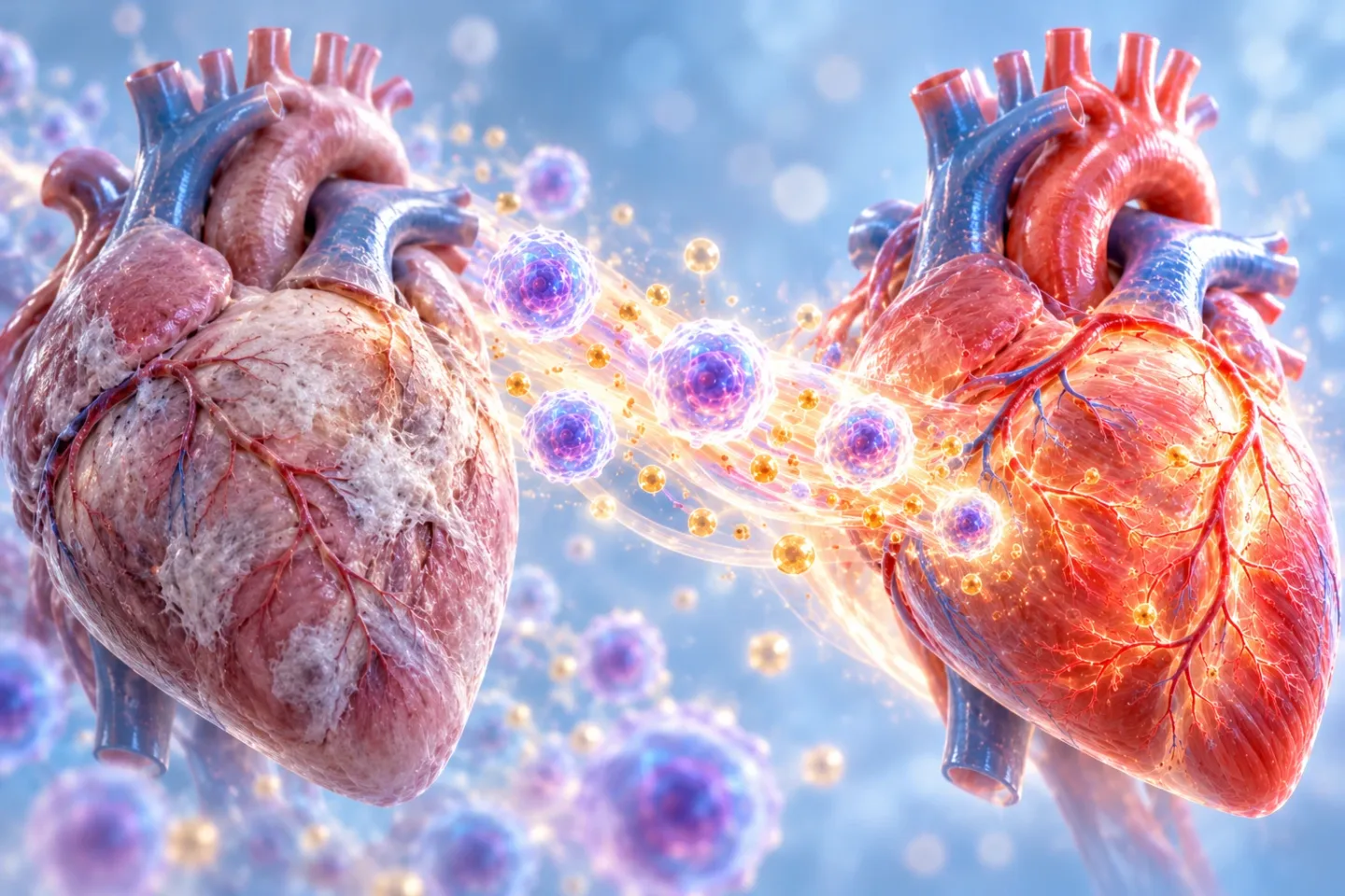 Medical illustration: on the left a tired, pale heart with grey scar patches; in the middle a stream of glowing stem cells and golden exosomes; on the right the same heart strong, vibrant and red with a rich network of small blood vessels