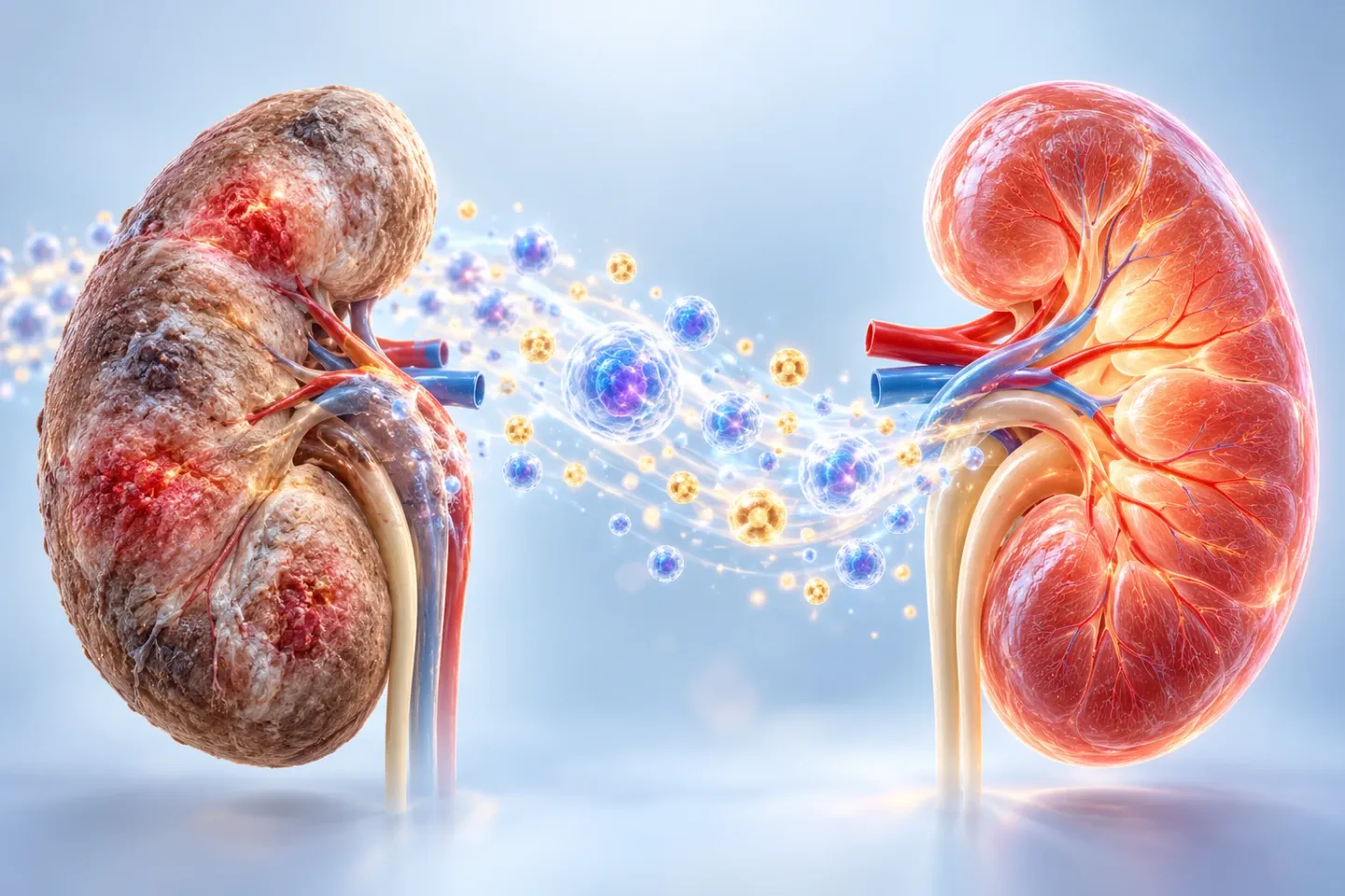 Medical illustration: on the left a shrunken, pale kidney with scarred and inflamed patches; in the middle a stream of glowing stem cells and golden exosomes; on the right the same kidney healthy, plump and pink with a fine network of blood vessels