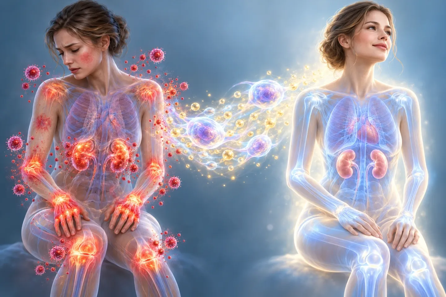 Medical illustration of the same woman twice: on the left in pain, with glowing red inflammation in her joints, skin and kidneys; in the middle a stream of glowing stem cells and golden exosomes; on the right calm and smiling, with no inflammation