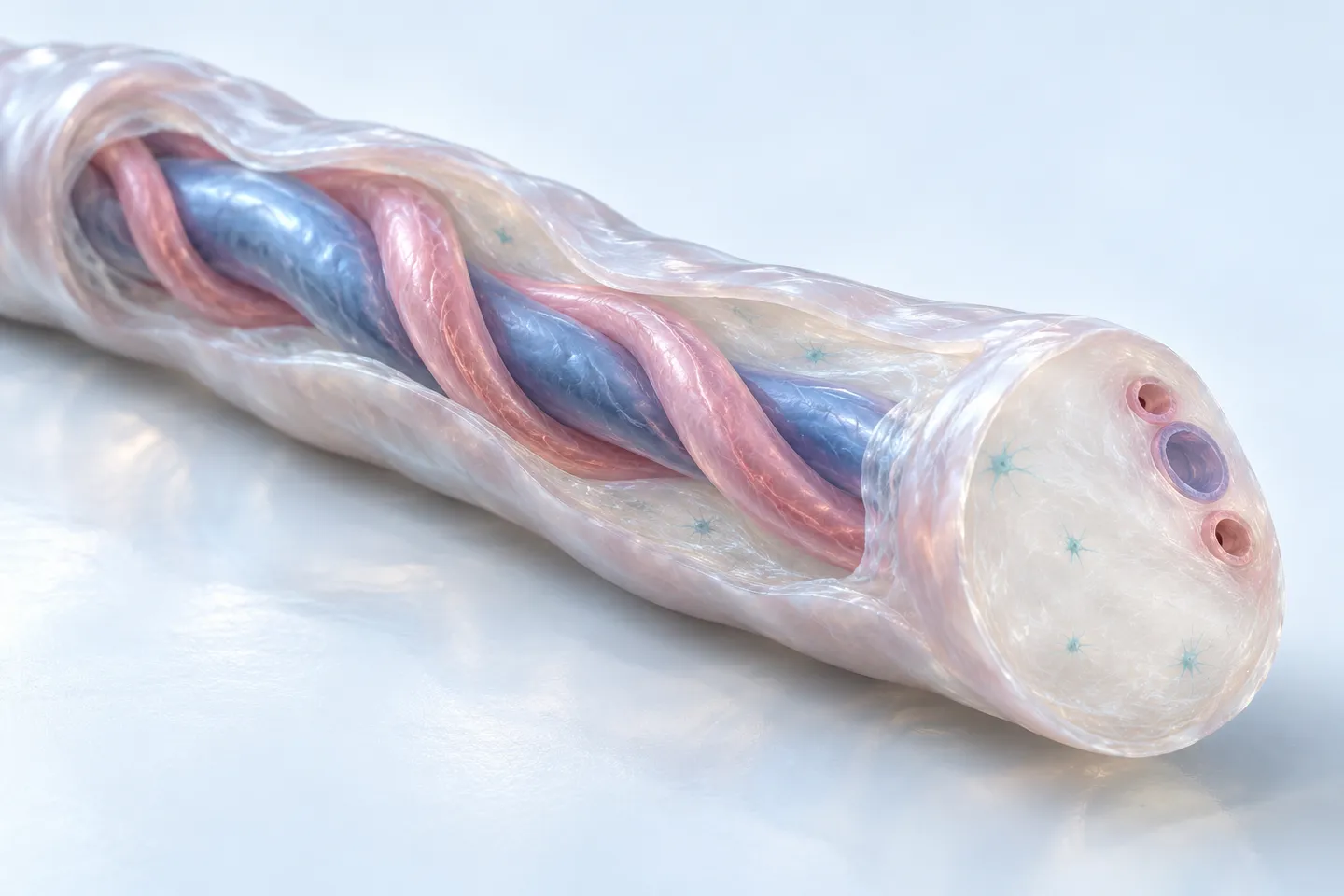 Cutaway of an umbilical cord: two arteries spiral around one vein inside translucent Wharton’s jelly, the tissue our stem cells come from