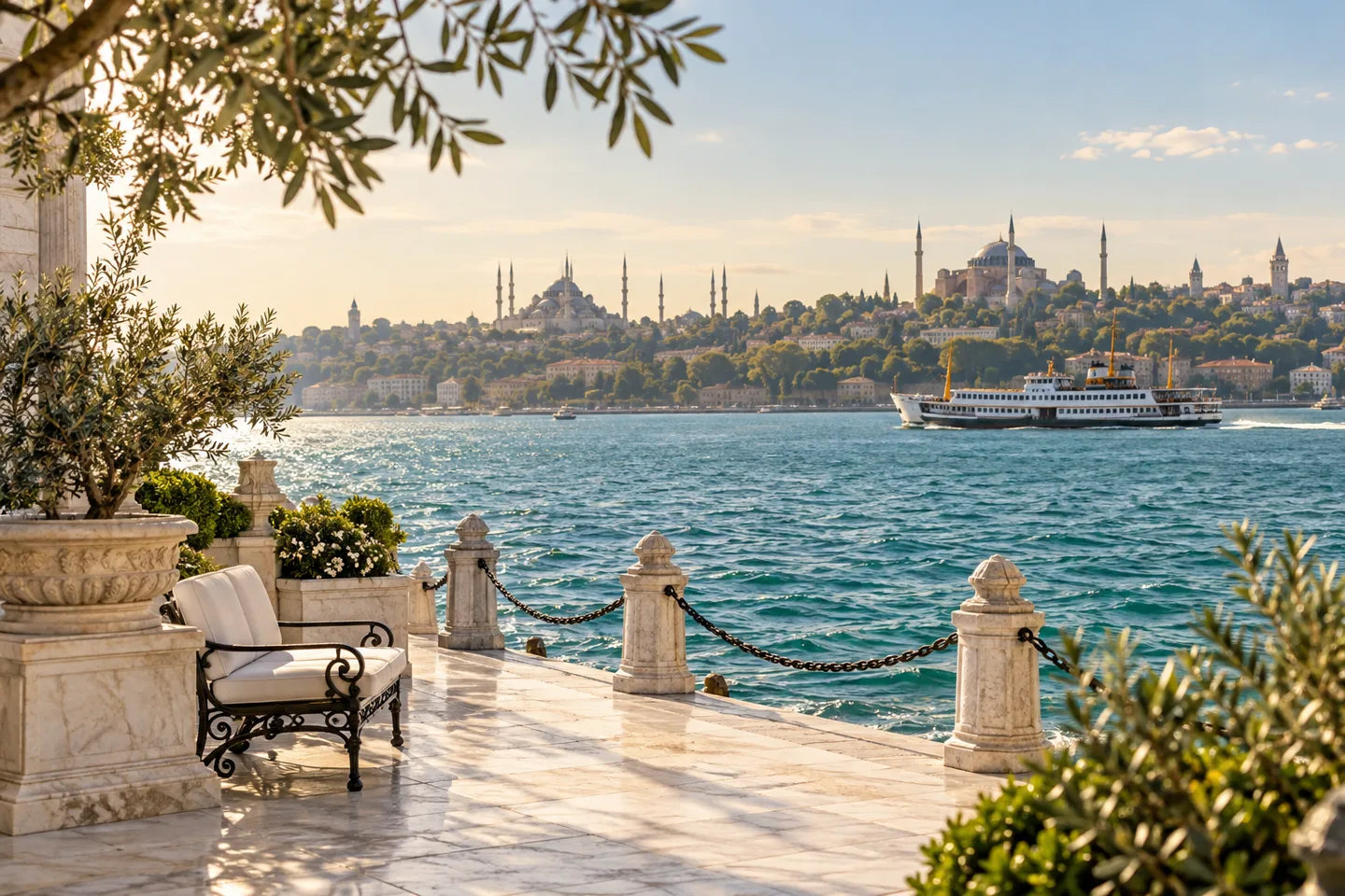Morning view across the Bosphorus to the historic peninsula of Istanbul, with a ferry on the water