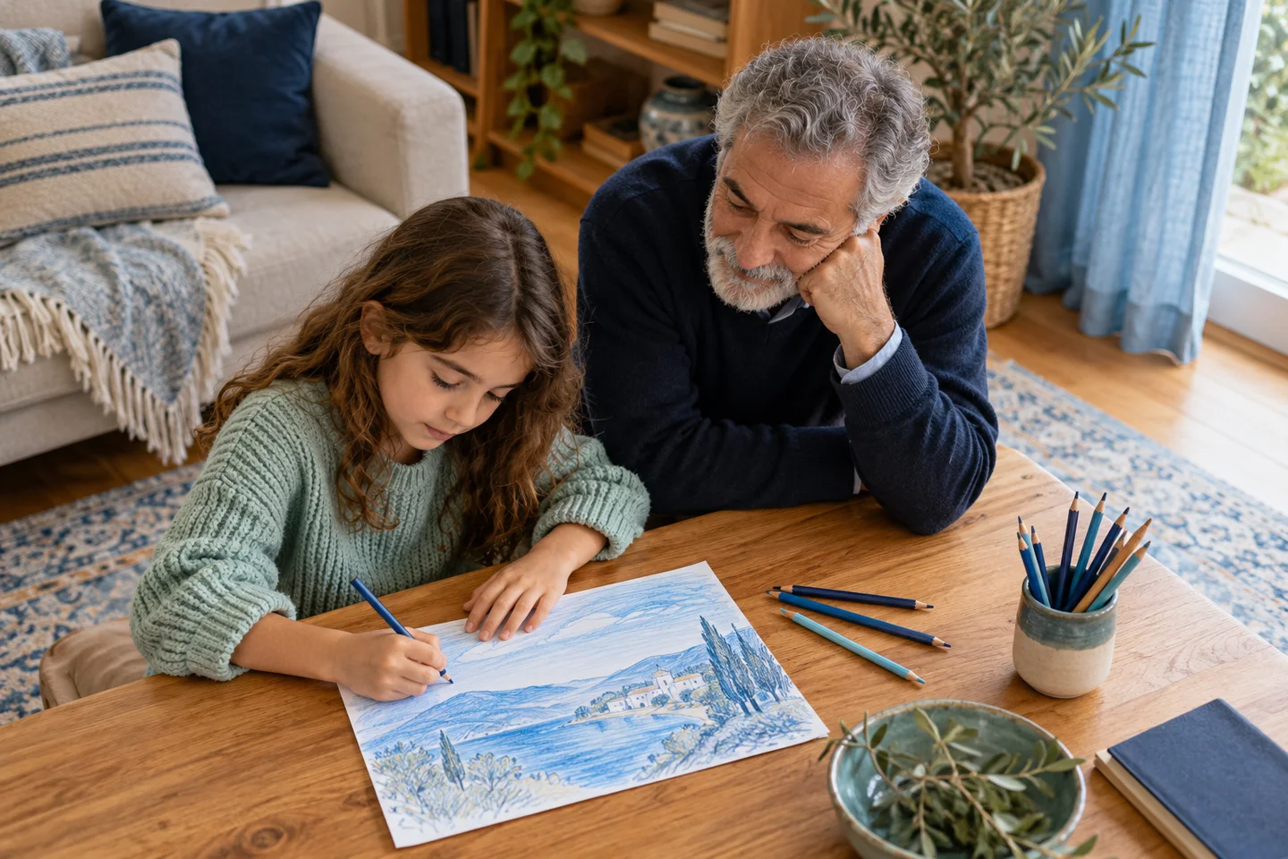 A girl draws a seaside landscape with coloured pencils while her grandfather watches beside her