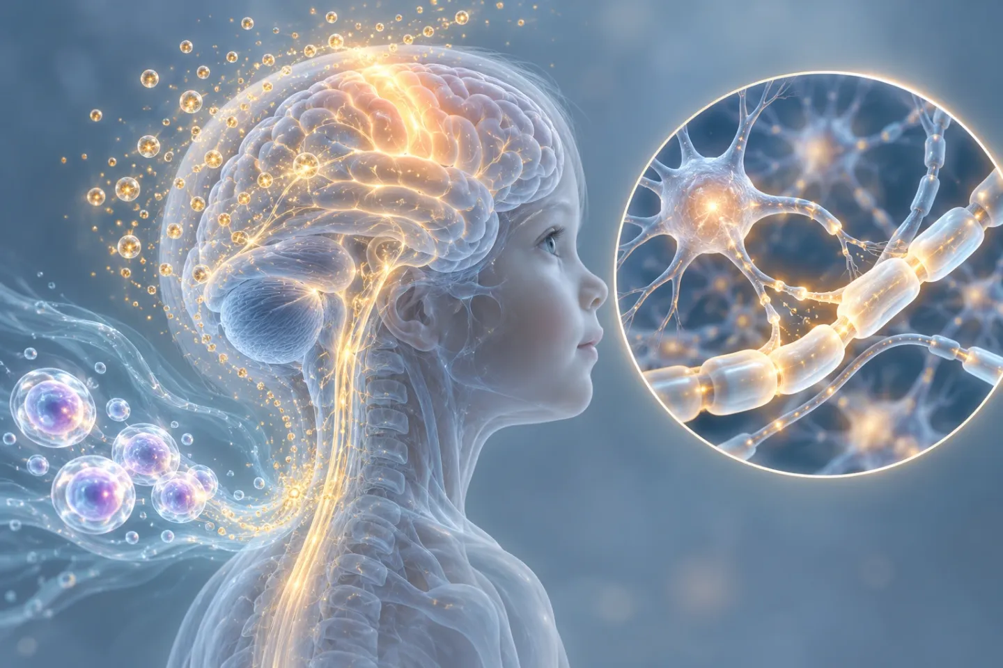 Medical illustration of a child’s brain and spinal cord: glowing stem cells float in the spinal fluid, golden exosomes drift up around the brain, the movement area at the top of the brain glows, and a close-up shows nerve fibres with healthy myelin and new connections