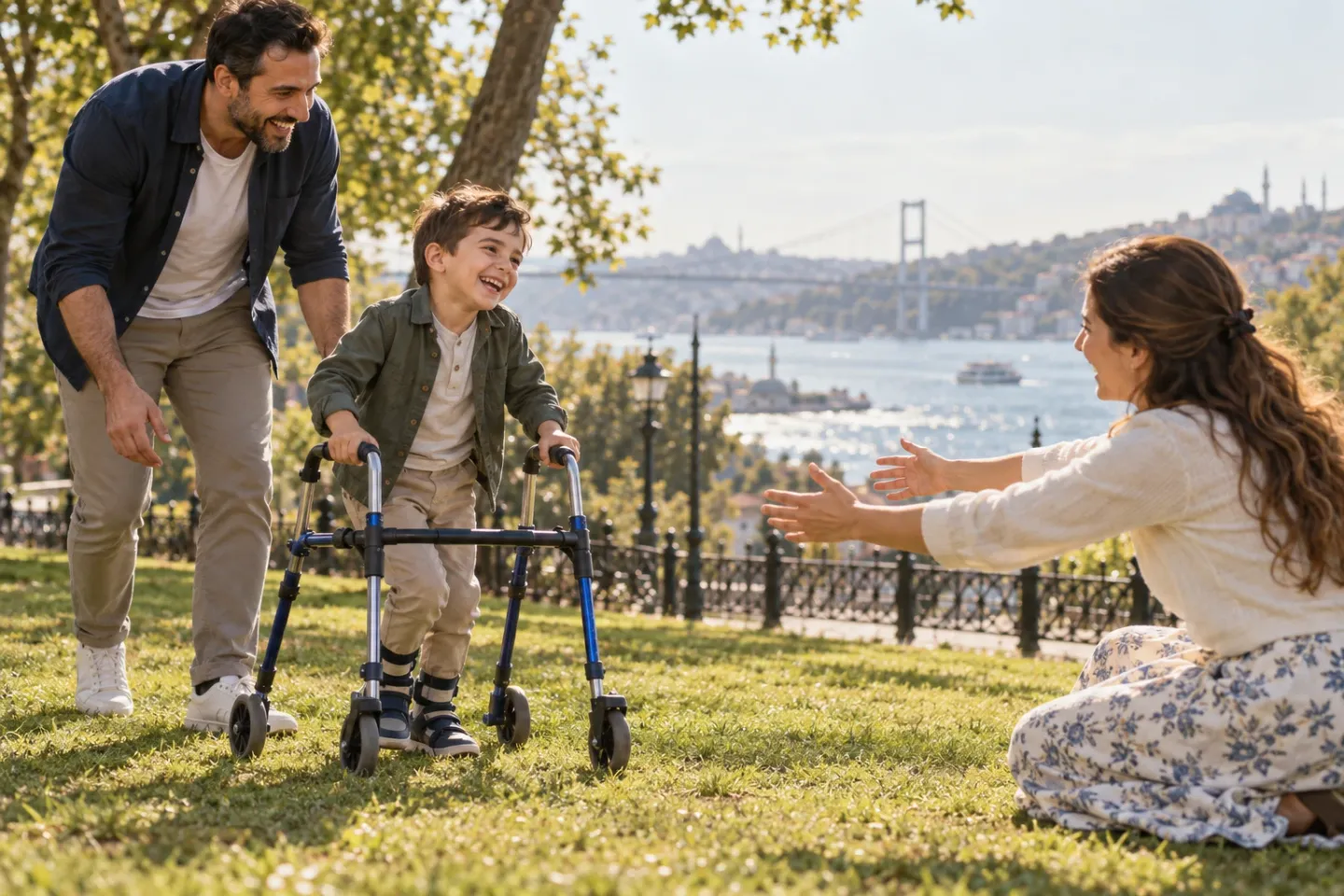 A smiling six-year-old boy takes steps with a small walker towards his mother in a sunny Istanbul park while his father laughs beside him