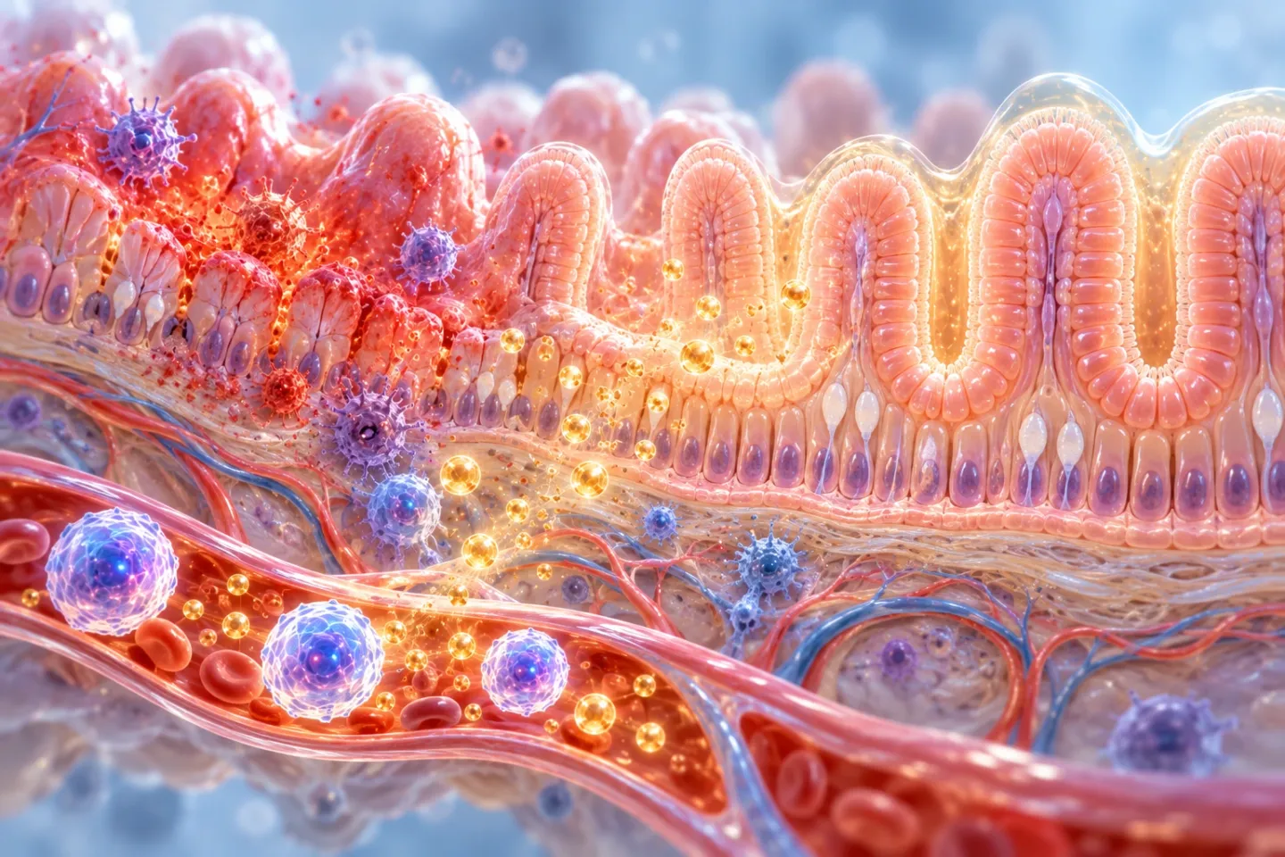 Medical illustration of the inner lining of the intestine: glowing stem cells travel in a small blood vessel, the left part of the lining is red and inflamed, golden exosomes drift into the tissue, and the right part is healthy and smooth with intact villi