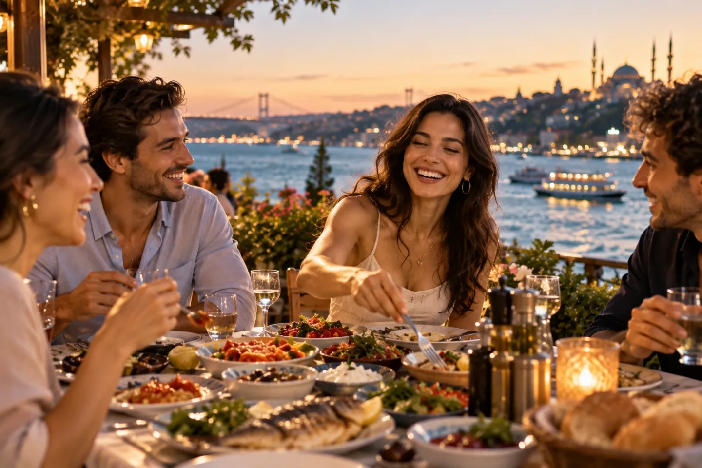 A smiling young woman shares a seaside dinner of Turkish meze with friends on a terrace overlooking the Bosphorus at sunset