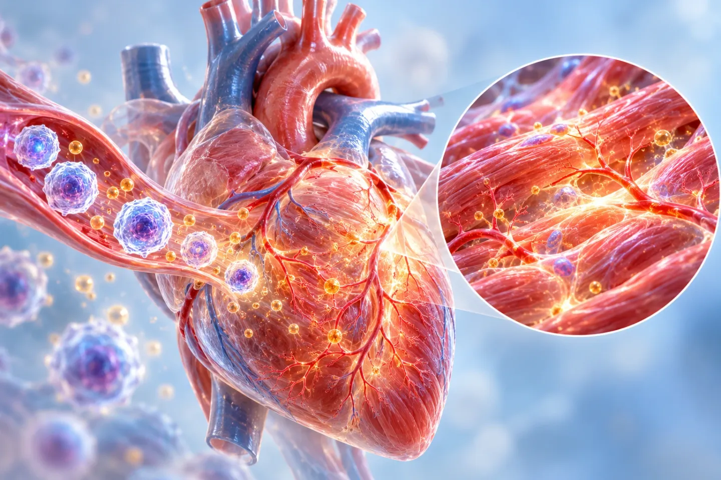 Medical illustration of a human heart: glowing stem cells travel towards it through a blood vessel, new small blood vessels branch over its surface, golden exosomes surround the muscle, and a close-up shows strong, healthy heart muscle fibres
