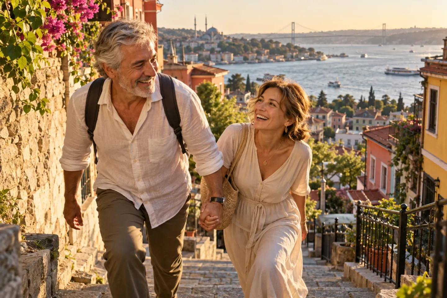 A smiling man in his sixties climbs old stone steps in Istanbul hand in hand with his laughing wife, with the Bosphorus behind them