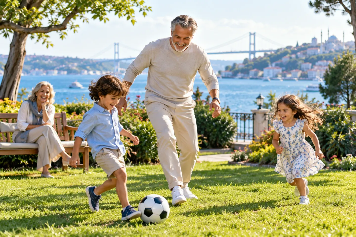 A cheerful grandfather plays football with his two grandchildren on a lawn by the Bosphorus while his wife laughs on a bench