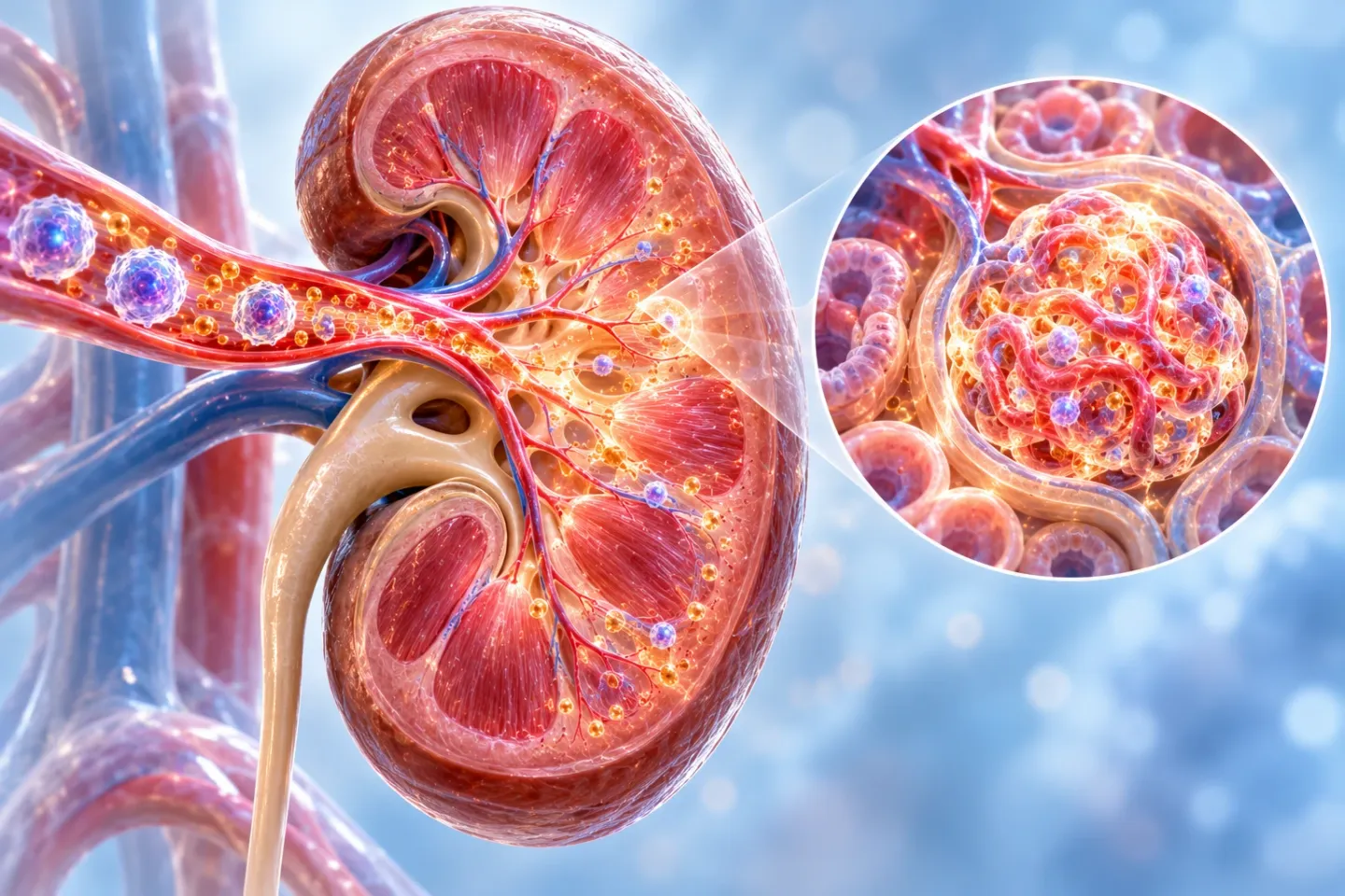 Medical illustration of a human kidney, partly cut open: glowing stem cells arrive through the kidney artery, golden exosomes spread through the tissue, and a close-up shows a glomerulus, the kidney’s tiny filter, with healthy tubule cells around it