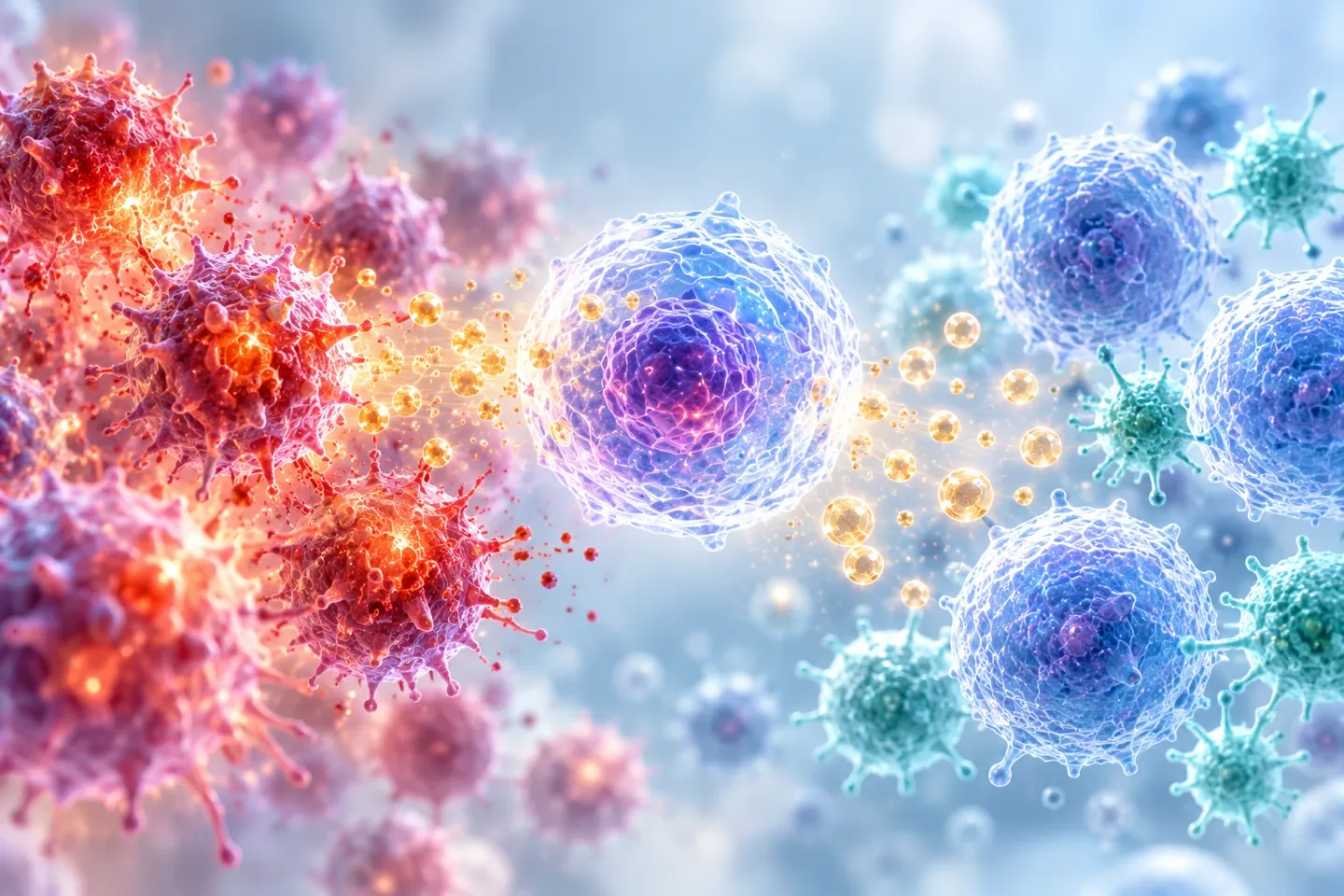 Medical illustration of immune balance: on the left, overactive red immune cells; in the centre, a calm glowing stem cell releasing golden exosomes; on the right, calm blue immune cells with small teal regulatory immune cells