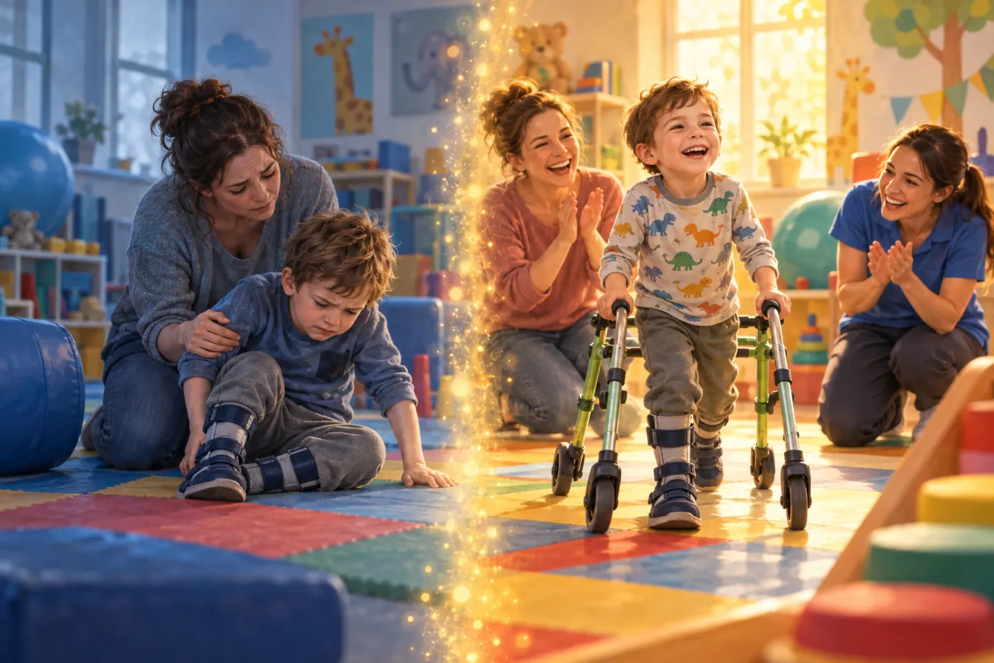 Illustration of the same boy twice in a therapy room: on the left he struggles to stand while his mother looks on; on the right he takes proud steps with a small walker while his mother and physiotherapist cheer