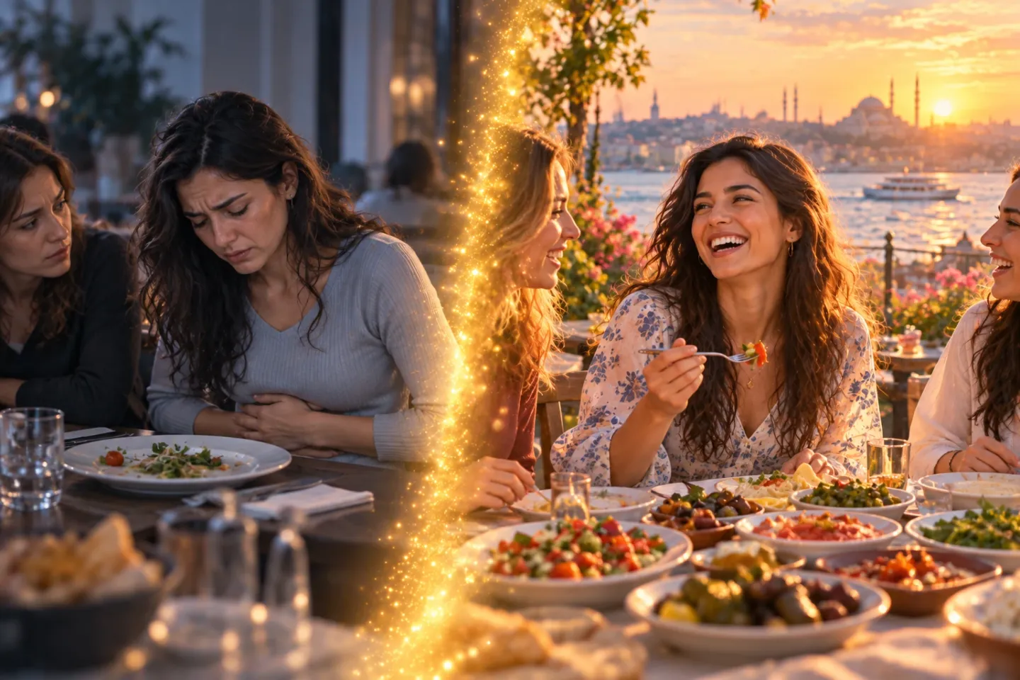 Illustration of the same young woman twice: on the left she holds her stomach in discomfort at a restaurant table; on the right she laughs and enjoys Turkish meze with friends on a seaside terrace at sunset