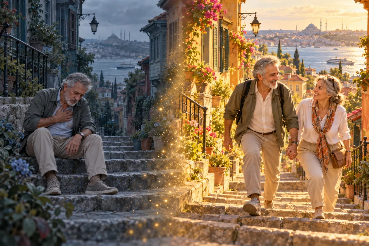 Illustration of the same man twice on an Istanbul staircase: on the left he sits breathless and tired with a hand on his chest; on the right he climbs the stairs with ease, smiling and holding his wife’s hand