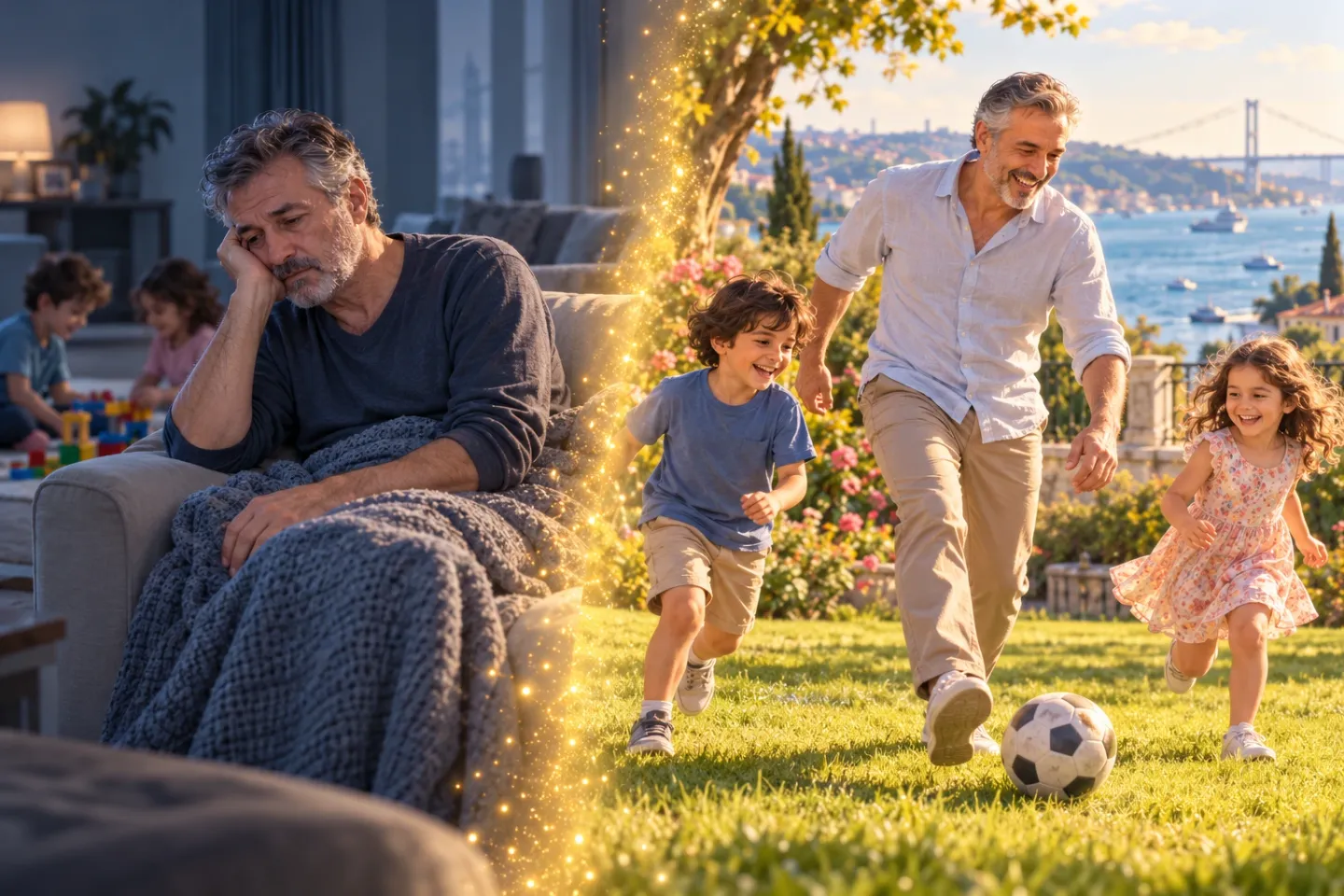 Illustration of the same grandfather twice: on the left he sits pale and tired on the sofa under a blanket; on the right he plays football with his two grandchildren on a sunny lawn by the Bosphorus