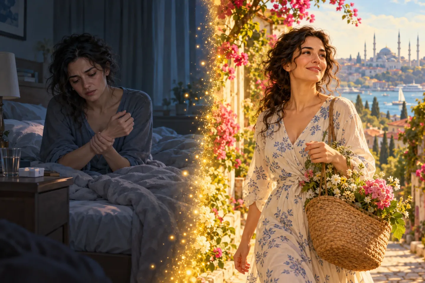 Illustration of the same woman twice: on the left she lies exhausted in a dim bedroom, rubbing her aching wrist; on the right she walks smiling through a sunny garden in Istanbul with a basket of flowers